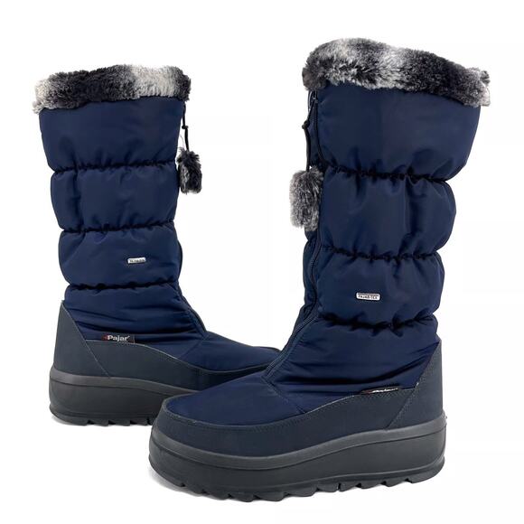 NWT PAJAR Navy Puffer Faux Fyr Waterproof Insulated Tall Snow Boots Sz 10 - Picture 1 of 16